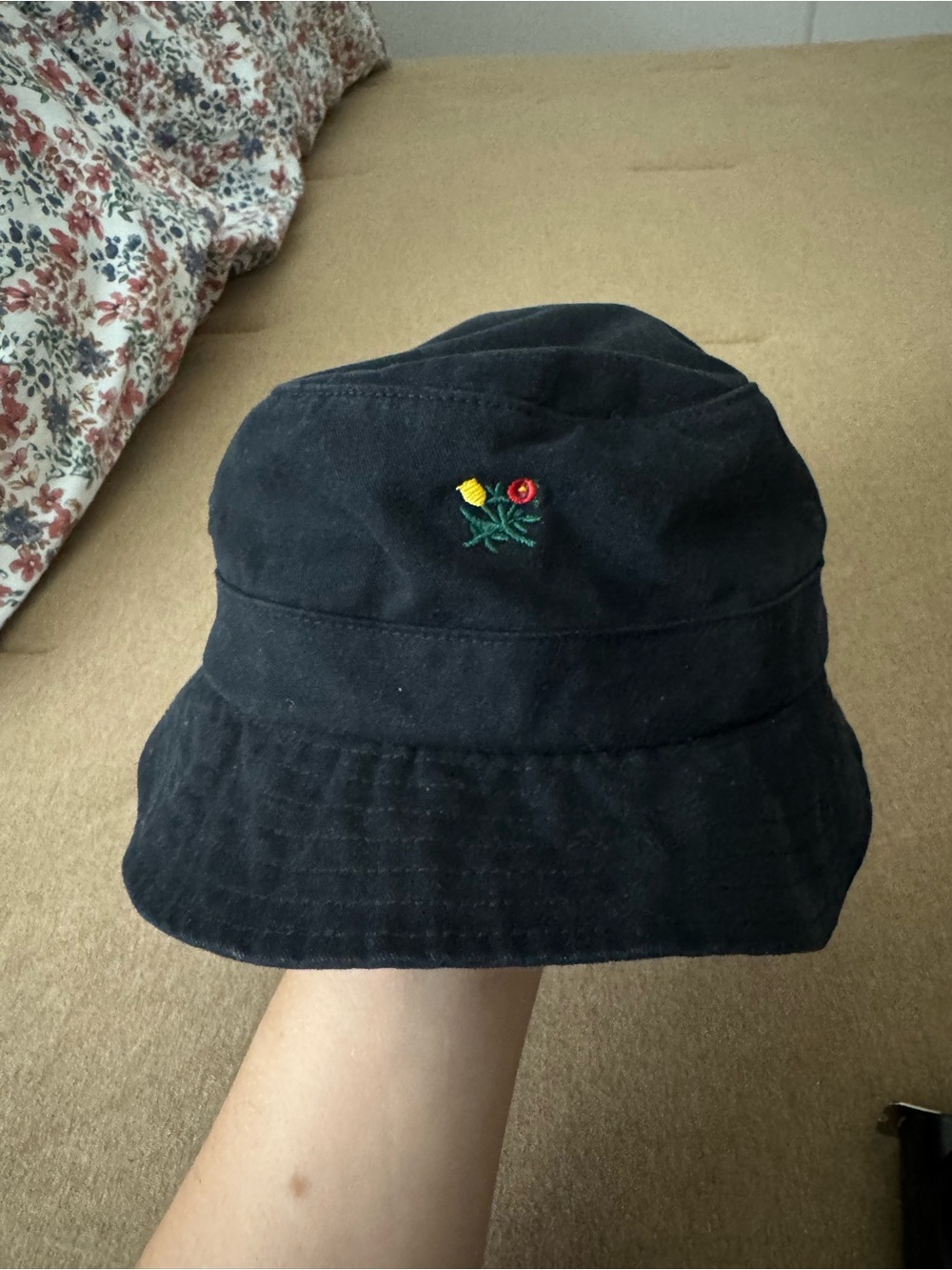 Aime Leon Dore Black Bucket Hat with Embroidered Yellow and Red Flowers
